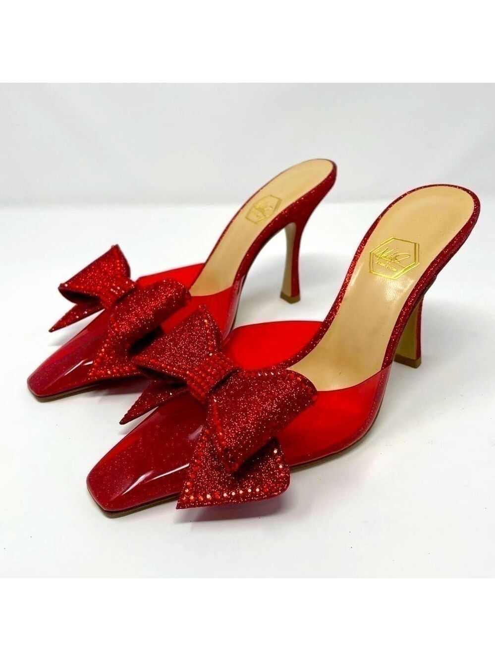 NIB Nalebe By Amina Means Reflections Dimante PVC Glitter Bow Heels Mule Pumps
